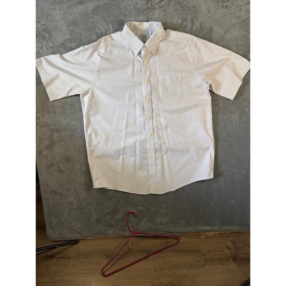 LL Bean Mens 17 Regular Blue White Pinstripe SS Button Down Shirt Cotton